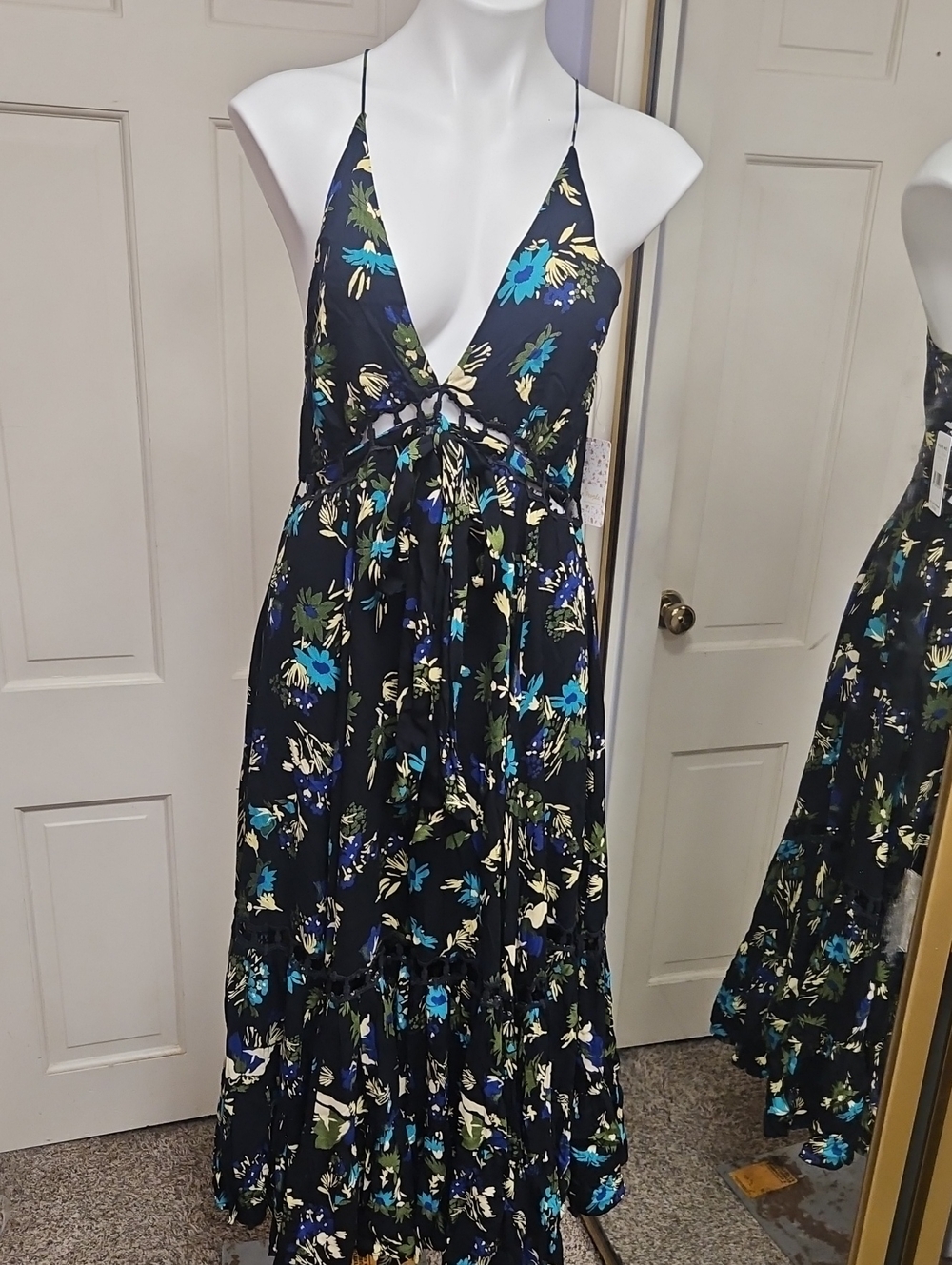 Free People Black Floral Backless Maxi Dress with Blue & Cream Accents - Picture 1 of 14